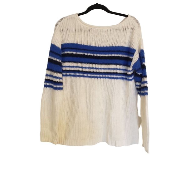 Copper key knit sweater size Medium cream blue striped fuzzy knit - Picture 2 of 10